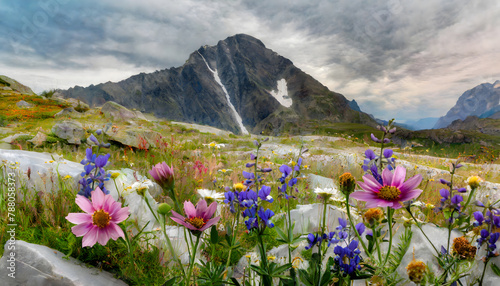 Mountain Wildflower Marble Meadow background marble. Generative AI. photo