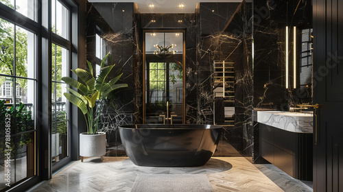 bathroom of a black luxury townhouse in London between classic townhouses photo