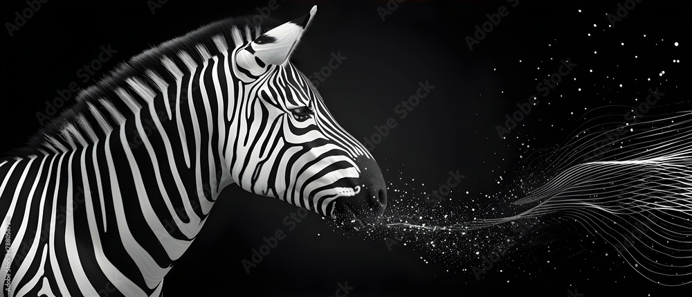 Obraz premium Zebra Whispers in Stardust Waves: A Monochrome Harmony. Concept Wildlife Photography, Monochrome Aesthetics, Nature Portraits, Animal Whisperer, Nature's Beauty