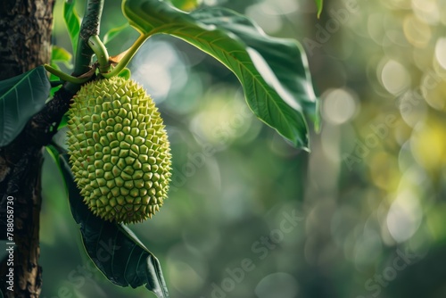 Jackfruit also known as Pohon Nangka belongs to the Moraceae tribe under the scientific name Artocarpus heterophyllus Selective focus Defocus photo