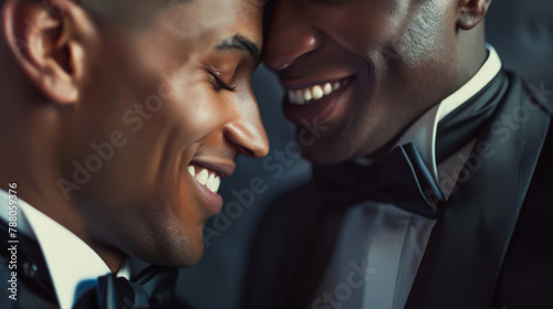 Black gay couple in a tuxedo, wedding photoshoot in modern New York inspired apartment in New York