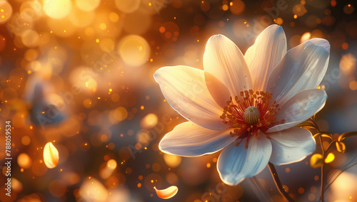 A white flower blooming in the sunlight  surrounded by golden sparkles. The background is blurred with warm tones of orange and yellow  creating an atmosphere of joyous celebration. Created with Ai