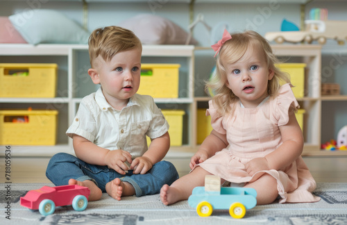 Two babies are playing with toys in the playroom