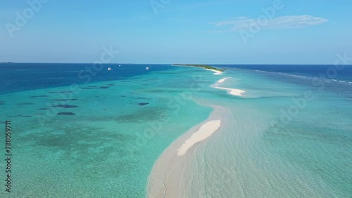 South Ari atoll, Maldives: Cinematic aerial drone footage of the famous long sand bar and idyllic beach in the Dhigurah island in the Maldives in the Indian Ocean.  photo