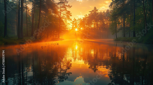 The sunrise over the forest lake, with rays of light reflecting on the water and mist rising from the surface. Created with Ai © Visual