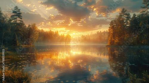 A serene sunrise over the calm waters of an ancient forest lake, with mist rising from its surface and rays reflecting on surrounding trees. Created with Ai
