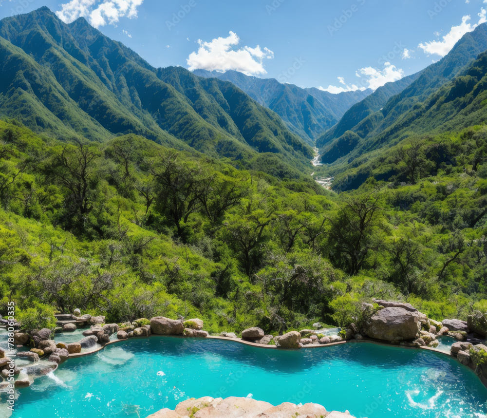 Nestled amidst lush surroundings, the bubbling natural hot spring pool beckons with its warm embrace, offering a sanctuary for relaxation and renewal.. AI generated.