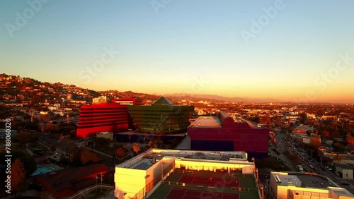 Aerial Ascending Shot Of Modern Pacific Design Center In City Against Sky At Sunset - West Hollywood, California photo