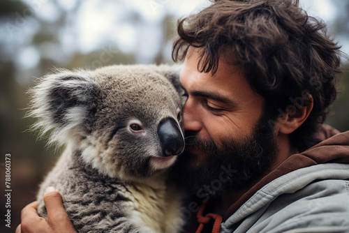 Portrait of a happy man hugging his best friend animal pet created with generative AI photo