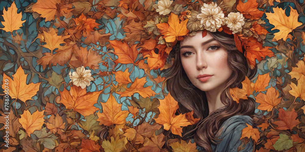 Art Nouveau styled woman with long hair with red and yellow color leaves and flowers. Painting and Drawings.