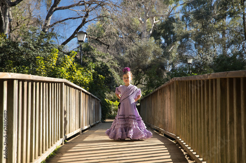 Girl dancing flamenco, posing looking at the camera, in typical flamenco dress, on a wooden bridge. Concept dance, flamenco, typical Spanish, Seville, Spain.