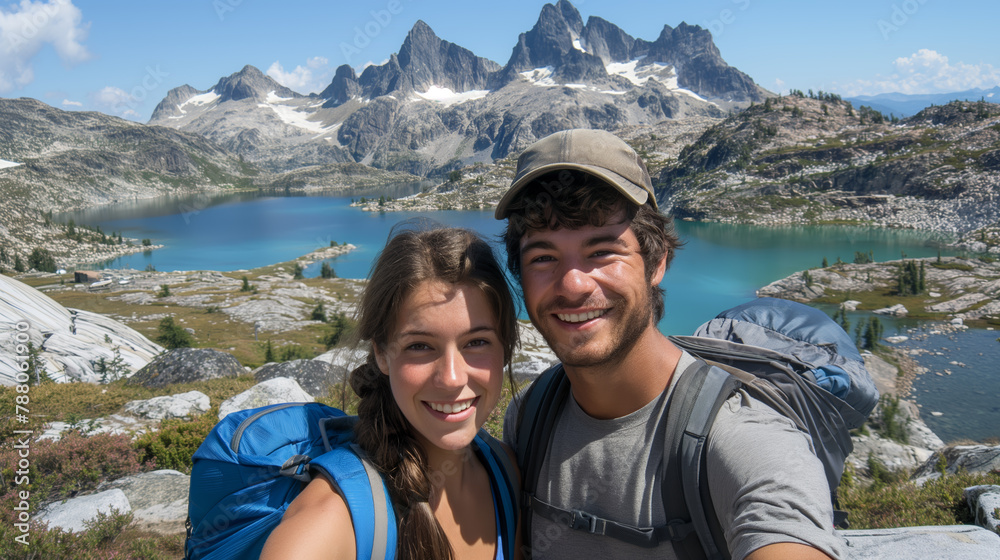 A young couple taking a selfie in the mountains, happy expression, sunny vacation hike scene, clear day, real-life setting. Generative AI