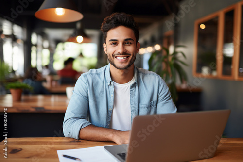 Generative AI photo of smiling handsome man teacher in cafe