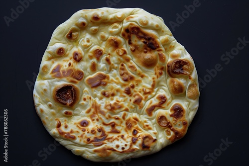 Flatbread with cheese. Dough. Pastry. Caucasian cuisine. Baked naan on a black background. Cheese pie. Ossetian pie. Georgian and Armenian national food. Baked. Sopapilla. Pita. Ftira. Sopaipa. Scone photo