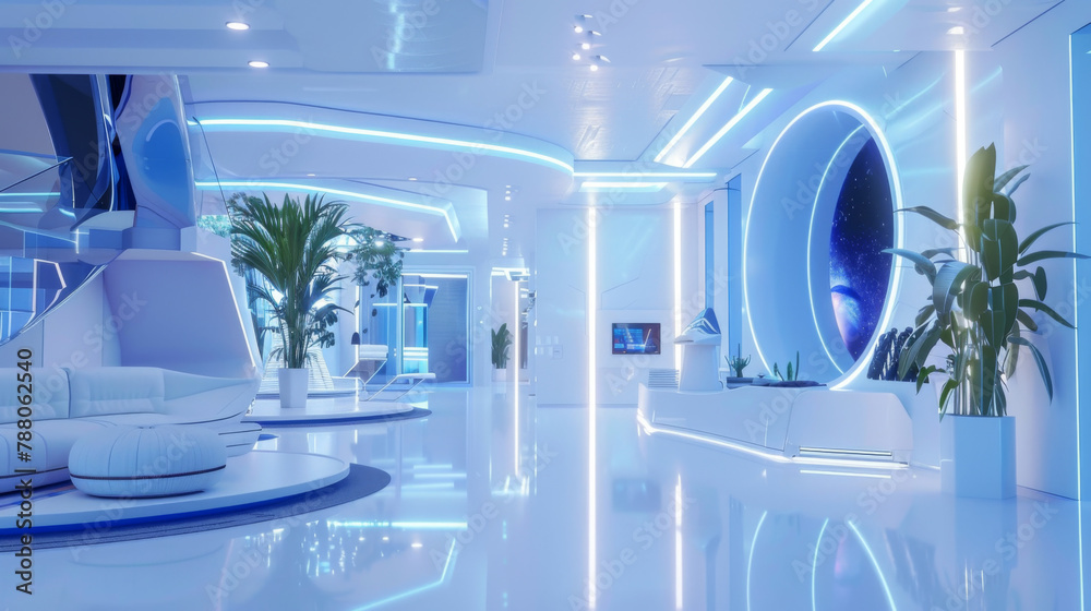 Futuristic interior room with high technology and luxury style, cyber living room with neon light and reflection. - obrazy, fototapety, plakaty 
