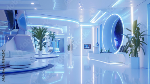 Futuristic interior room with high technology and luxury style, cyber living room with neon light and reflection. © TANATPON