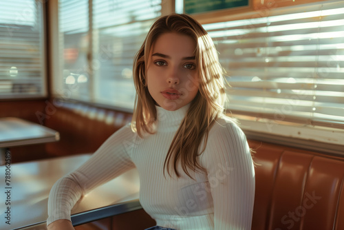 Free Download Seductive american lady is sitting in a diner in america posing in white shirt and blue shorts. Model sitting in a fast food restaurant in the united states. - GFXLoad