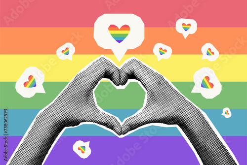 Social media like icons with halftone hands making heart shape collage banner on rainbow LGBT background. Free love concept, pride parade, LGBT community. Vector illustration