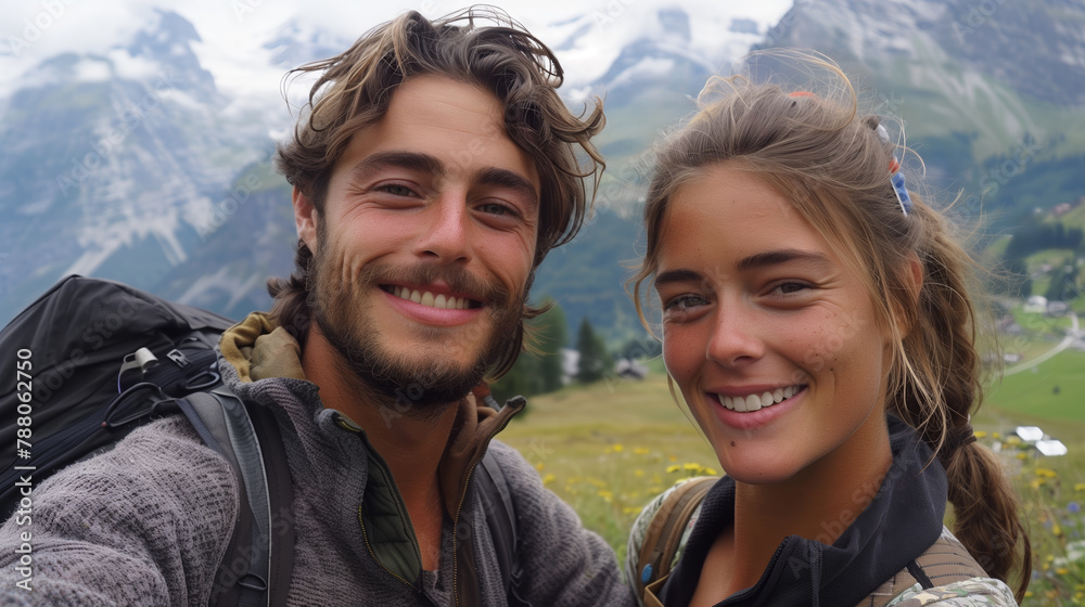 A happy young couple taking a selfie with a mountainous landscape in the background, showcasing vacation and hiking spirit. Generative AI