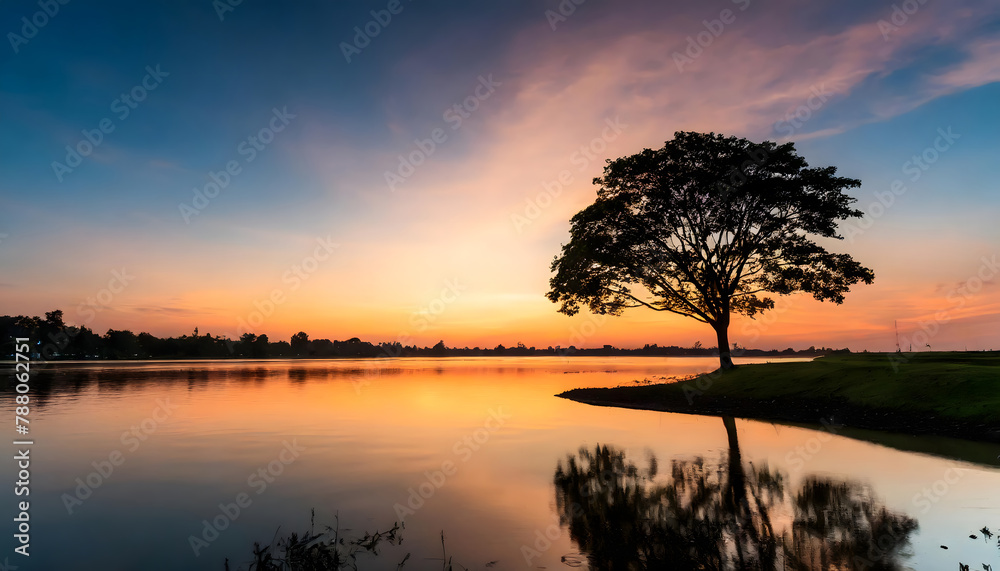 silhouette of tree near body of water during beautiful sunset. Generative AI. silhouette of tree near body of water during beautiful sunset. Generative AI.