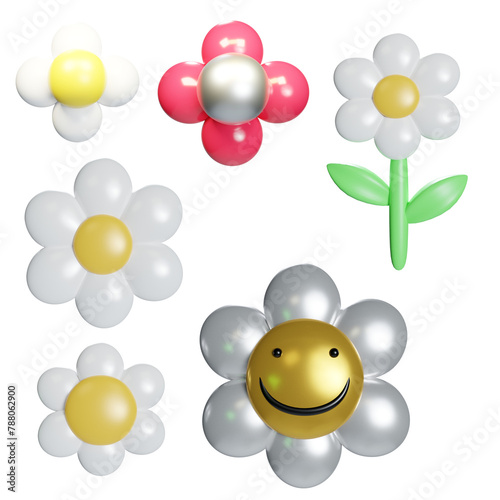 Set of  Balloons, Flower, daisies, isolated, elements, for decorations, birthday cards, banners and websites, celebrations, illustration, 3d rendering.