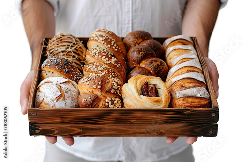 a box with bread in his hands on a transparent background