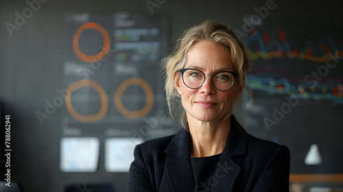 A businesswoman in front of a board with diagrams and charts, real-life photography, blurred office background, concept of business analytics. Generative AI
