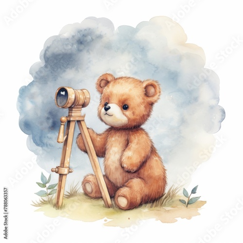 Little bear with a big telescope, stargazing, starry night, wonder in the eyes, soft watercolors, cute style, isolated on white background, vintage watercolor illustration © PhotoLand 639
