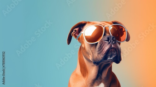  Bull Terrier dog puppy in sunglass shade glasses isolated on solid pastel background, advertisement, surreal surrealism photo
