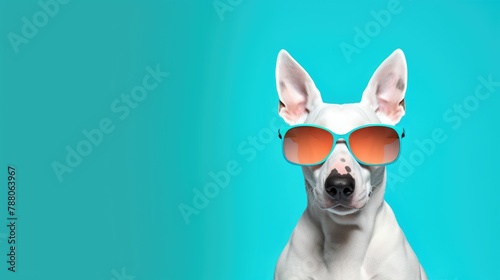 Bull Terrier dog puppy in sunglass shade glasses isolated on solid pastel background, advertisement, surreal surrealism  © Creative Canvas
