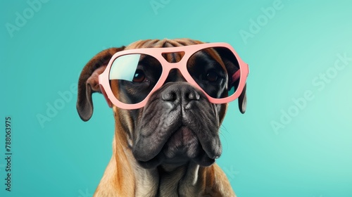 Bullmastiff dog puppy in sunglass shade glasses isolated on solid pastel background, advertisement, surreal surrealism