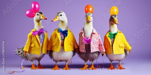  Duck in a group, vibrant bright fashionable outfits isolated on solid background advertisement, birthday party invite invitation banner  photo