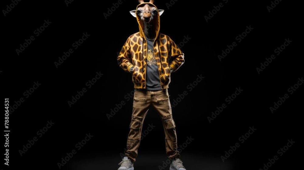 Giraffe full body in hip hop stylish fashion isolated on dark background, editorial advertisement, surreal