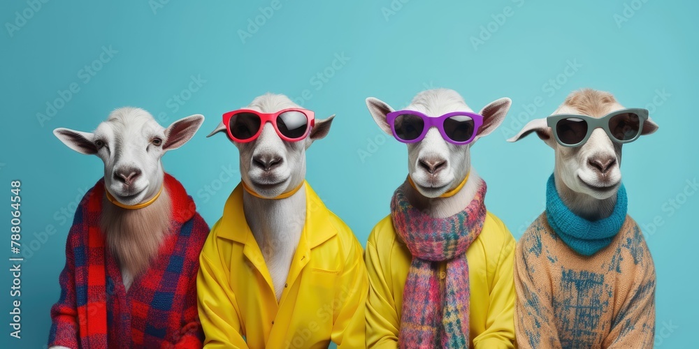 Goat in a group, vibrant bright fashionable outfits isolated on solid background advertisement, birthday party invite invitation banner