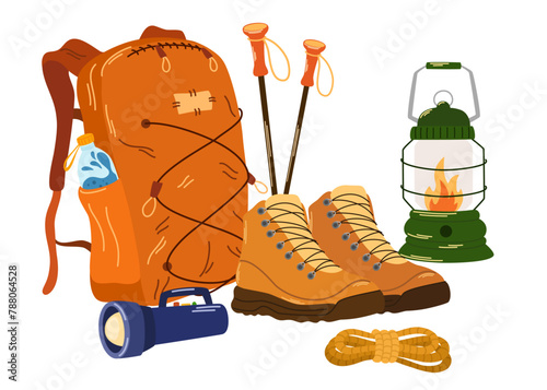 Hiking backpack, water bottle, equipment. Camping rucksack, travel luggage, accessories. Tourists pack, trekking boots, kerosene lamp. Flat graphic vector illustration isolated on white background