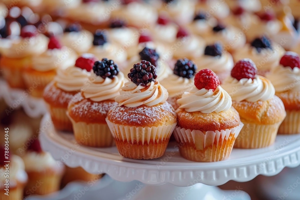 Many mini muffins on display at dessert buffet closeup of muffin Many mini muffins on display at dessert buffet closeup of muffin