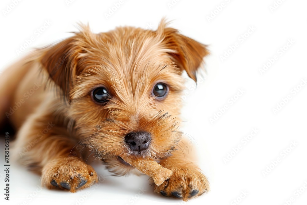 Terrier puppy eating rawhide treat on white background Terrier puppy eating rawhide treat on white background