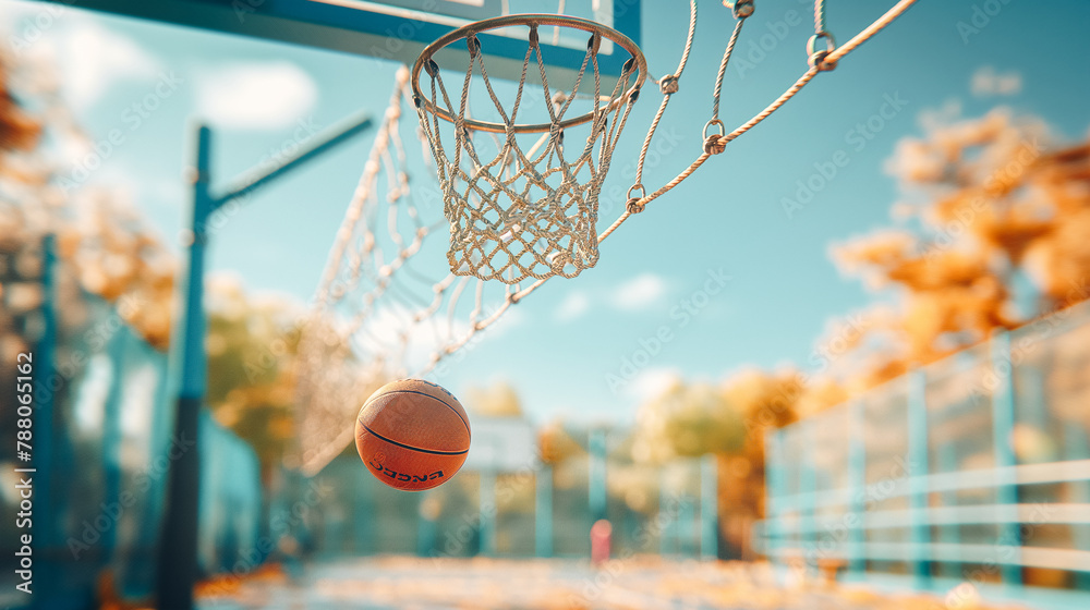 A basketball is in the air above a basketball net