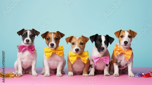 Jack Russel Terrier dog puppy in a group, vibrant bright fashionable outfits isolated on solid background advertisement, birthday party invite invitation banner 