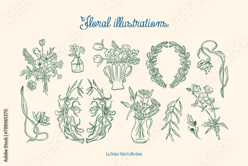 Minimalist hand drawn botanical vector illustration collection. Art for greeting cards, wedding invitations, poster design, postcards, branding, logo design, background.