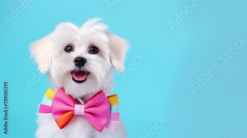 Maltese dog puppy in party cone hat necklace bowtie outfit isolated on solid pastel background advertisement, birthday party invite invitation banner