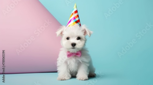 Maltese dog puppy in party cone hat necklace bowtie outfit isolated on solid pastel background advertisement, birthday party invite invitation banner