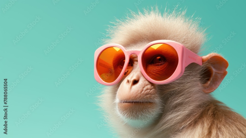 Monkey in sunglass shade glasses isolated on solid pastel background, advertisement, surreal surrealism