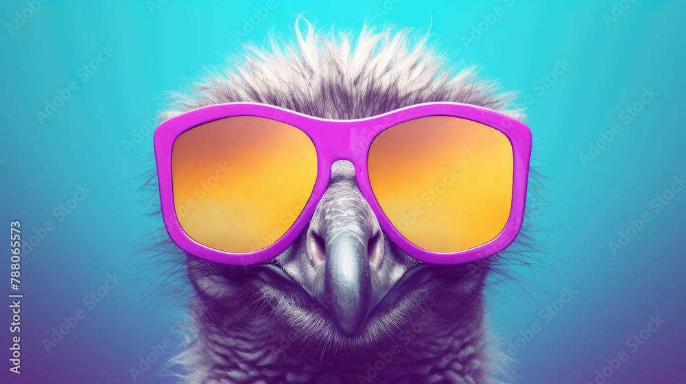 Ostrich bird in sunglass shade glasses isolated on solid pastel background, advertisement, surreal surrealism