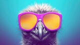 Ostrich bird in sunglass shade glasses isolated on solid pastel background, advertisement, surreal surrealism
