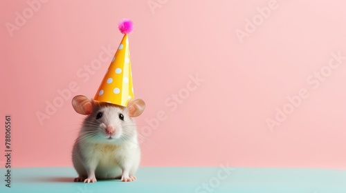 Mouse rodent in party cone hat necklace bowtie outfit isolated on solid pastel background advertisement, birthday party invite invitation banner