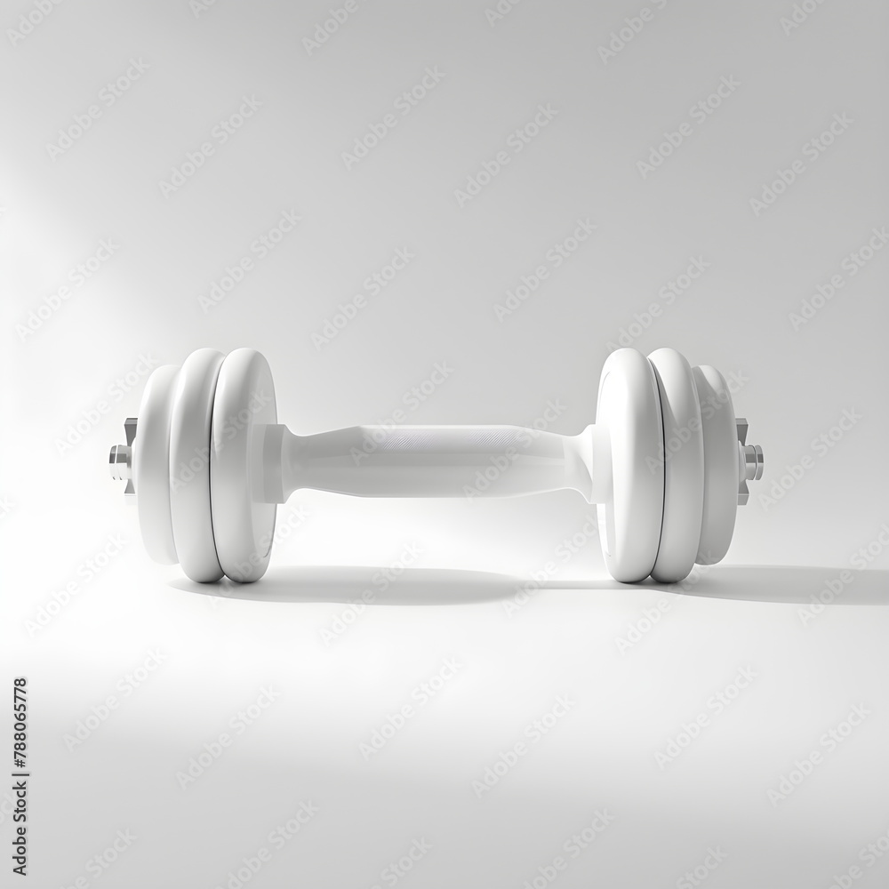 3D realistic white dumbbell on light background. Heavy weight accessories for physical exercise and fitness. Healthy lifestyle concept: dumbbell for individual sports and gym. 3D realistic white dumbbell on light background. Heavy weight accessories for physical exercise and fitness. Healthy lifestyle concept: dumbbell for individual sports and gym.