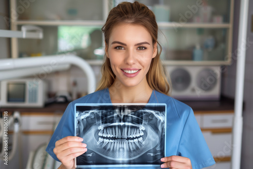 Female dentist holding an x-ray photo in a dental clinic,