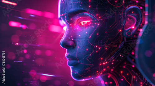 A woman s face is shown in a bright pink color with glowing eyes. The image is of a robot or a computer-generated character