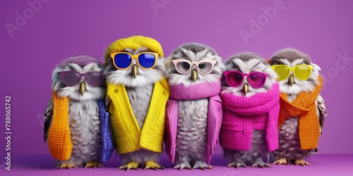 owl bird in a group, vibrant bright fashionable outfits isolated on solid background advertisement, birthday party invite invitation banner photo